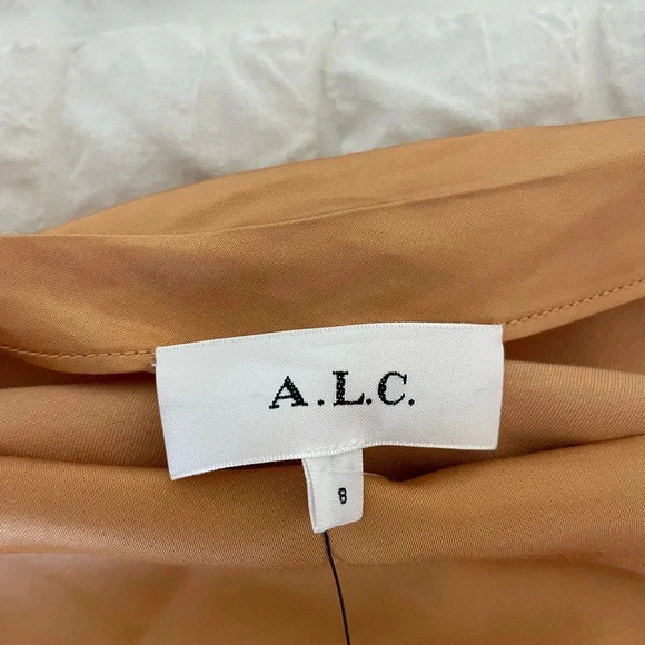A.L.C Jamie satin drape mini dress in golden tan color - Picture 7 of 16